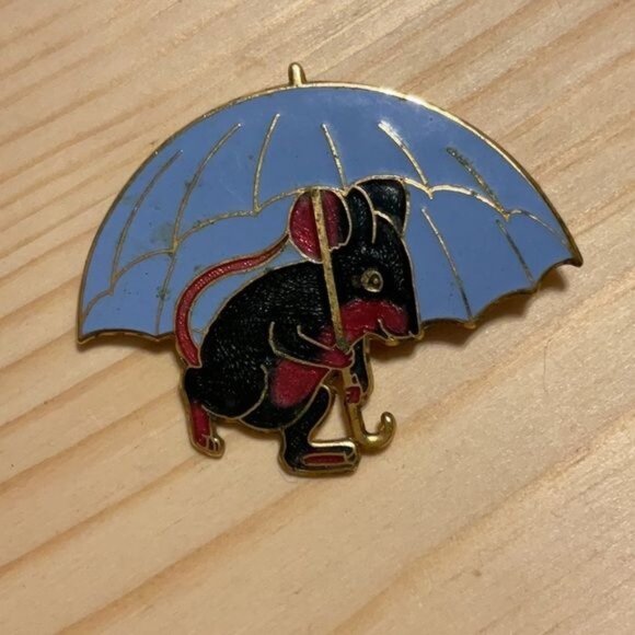 Vintage Enamel Fish Enterprises Mouse Rat Umbrella Brooch - Picture 1 of 5